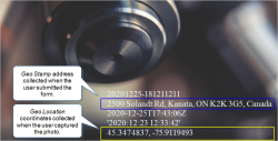 Stamped image with Image Properties and System Properties. The image shows a Geo Stamp address collected when the user submitted the form. It also shows Geo Location coordinates collected when the user took the picture.